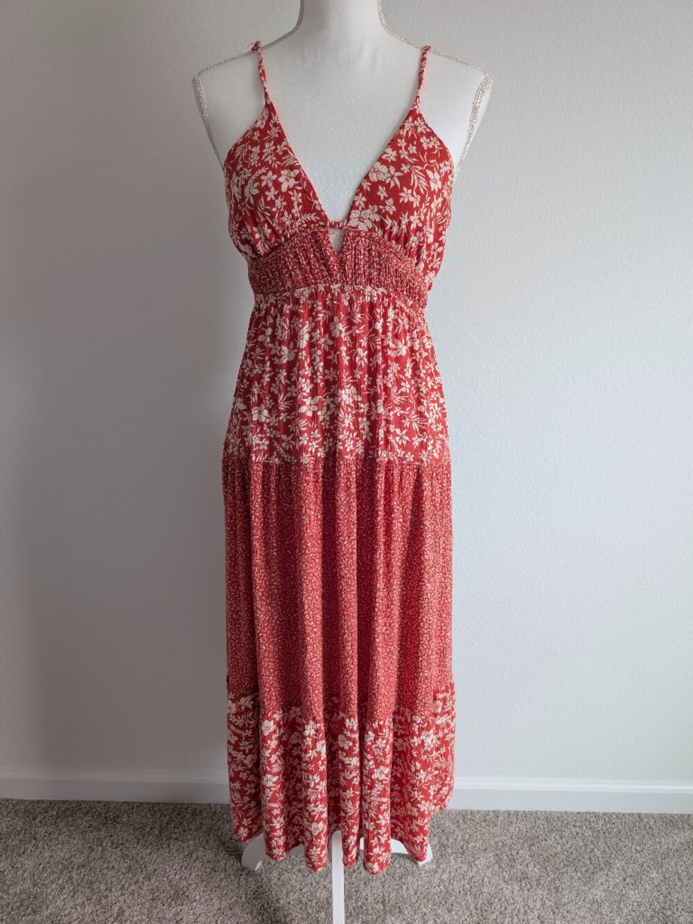 Angie Orange White Floral Mixed Print Maxi Dress Women's Large Boho Smocked